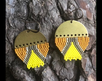 Yellow and Pumpkin Earrings. Handwoven beaded jewelry.