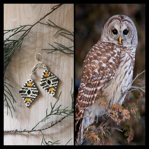 Barred Owl. Handwoven beaded earrings.