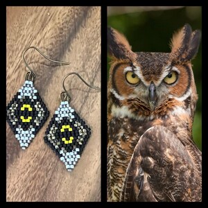 Great Horned Owl. Handwoven beaded earrings.