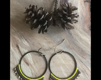 Lemon and Olive Sundrop Earrings. Handwoven beaded jewelry.