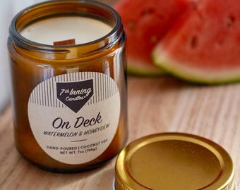 Watermelon & Honeydew Candle | On Deck | Baseball-Inspired | Wooden Wick | 7oz