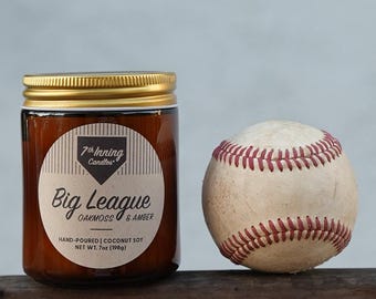 Oakmoss & Amber Scented Candle | Baseball Gift | Wood Wick | 7oz | Gifts ideas for sports lovers