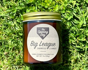 Baseball Inspired Scented Candle, Oakmoss and Amber, Hand-Poured by The Opening Day