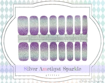 Silver Amethyst Sparkle Nail Wraps, Purple & Silver Ombre Glitter Nail Art Decals, Adhesive Gel Manicure Nail Stickers, Nail Polish Strips