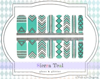 Sierra Teal Nail Wraps - Gloss and Silver Glitter Southwest Nail Art Decals, Gel Manicure Nail Art Stickers, Nail Polish Strips for Women