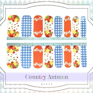 Country Autumn Nail Wraps Maple Leaf Nail Art, Gloss Nail Decals, Blue Plaid Gel Nail Strips, Orange & White Autumn Nail Polish Stickers image 1