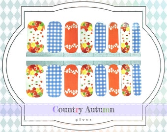 Country Autumn Nail Wraps - Maple Leaf Nail Art, Gloss Nail Decals, Blue Plaid Gel Nail Strips, Orange & White Autumn Nail Polish Stickers