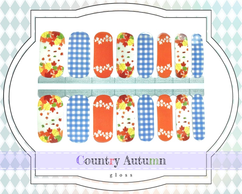 Country Autumn Nail Wraps Maple Leaf Nail Art, Gloss Nail Decals, Blue Plaid Gel Nail Strips, Orange & White Autumn Nail Polish Stickers image 1