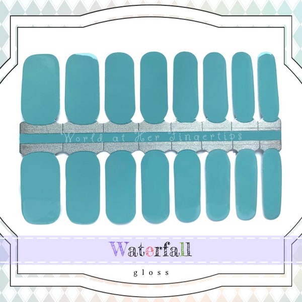 Waterfall Blue Nail Wraps - Solid Color Opaque Real Nail Polish Strips, Soft Teal Gloss Nail Decals, Gel Manicure Nail Stickers for Women