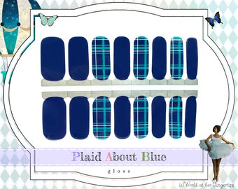 Plaid About Blue Nail Wraps - Dark Blue & Turquoise Real Nail Polish Strips, Solid Plaid Gloss Nail Decals, Adhesive Manicure Nail Stickers