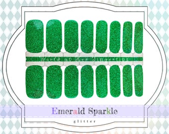 Emerald Sparkle Nail Wraps - Glitter Nail Decals, Bright Kelly Green Gel Manicure Nail Stickers, Sparkly Adhesive Real Nail Polish Strips