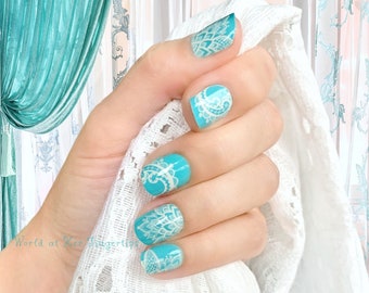 Something Blue Nail Wraps - Turquoise Nail Decals with White Paisley Lace, Wedding Gel Manicure Nail Stickers, Real Nail Polish Strips