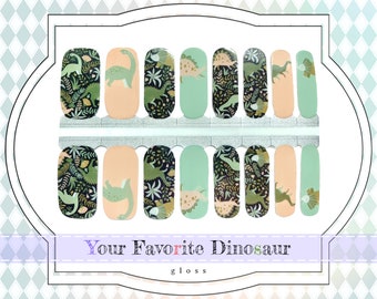 Dinosaur Nail Wraps - Mint, Peach, Black Gloss Nail Decals, Brontosaurus and T Rex Gel Nail Strips, Fun Nail Polish Stickers for Women