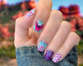 Bold & Brave Nail Wraps - Pink, Purple, Teal Nail Decals, Southwestern Tribal Design, Gel Manicure Nail Stickers, Real Nail Polish Strips