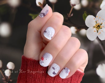 Stenciled Nail Wraps - White Minimalist Floral Nail Art Decals, Adhesive Gel Manicure Nail Stickers, Gloss Nail Polish Strips for Women