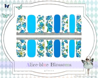 Blue Blossoms Real Nail Polish Strips - Blue and White Floral Nail Wraps, Solid Blue Gloss Nail Decals, Adhésif Gel Manucure Nail Stickers