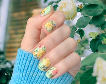 Heirloom Rose Nail Wraps - Mint, Pink, Soft Yellow Flower Gloss Nail Polish Strips, Spring Nail Decals, Adhesive Gel Manicure Nail Stickers