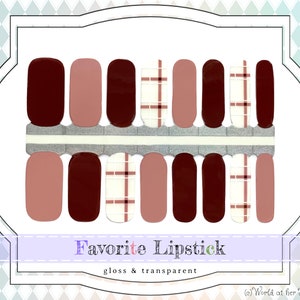 Favorite Lipstick Nail Polish Strips Neutral Pink and Dark Red Nail Wraps, Clear Transparent Plaid Nail Decals, Gel Manicure Nail Stickers image 1