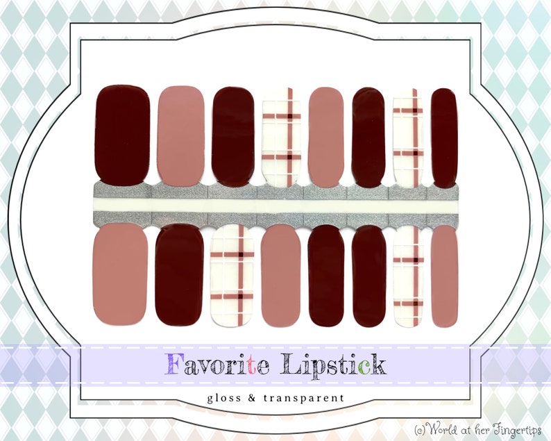 Favorite Lipstick Nail Polish Strips Neutral Pink and Dark Red Nail Wraps, Clear Transparent Plaid Nail Decals, Gel Manicure Nail Stickers image 1