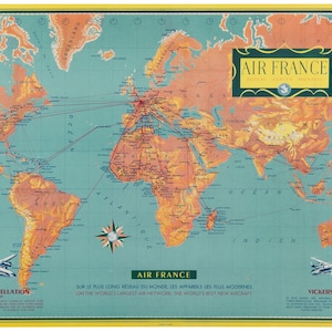 Póster original del mapa mundial de Air France de mediados de siglo de 1956