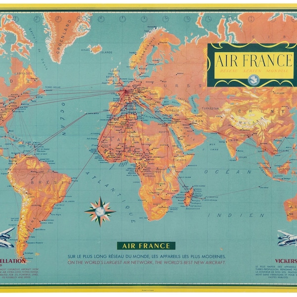 Original 1956 Mid-Century Air France World Map Poster