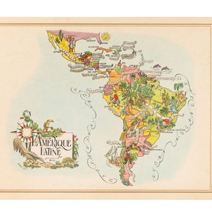 Carte illustrée originale de l'Amérique latine, milieu du siècle, 1960 par Jacques Liozu