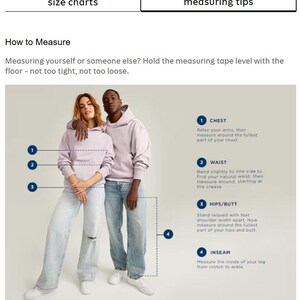 May include: A size chart infographic titled How to Measure, featuring two people wearing light purple hoodies and blue jeans. Numbered blue circles indicate measurement points for chest, waist, hips, and inseam with accompanying text instructions.