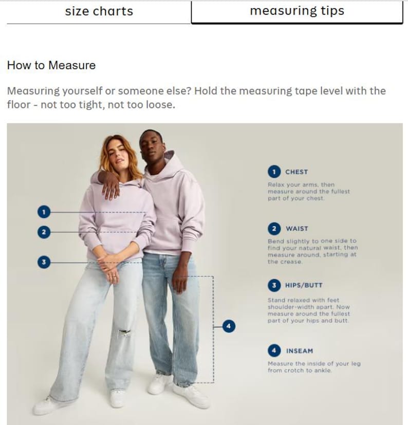 May include: A size chart infographic titled How to Measure, featuring two people wearing light purple hoodies and blue jeans. Numbered blue circles indicate measurement points for chest, waist, hips, and inseam with accompanying text instructions.