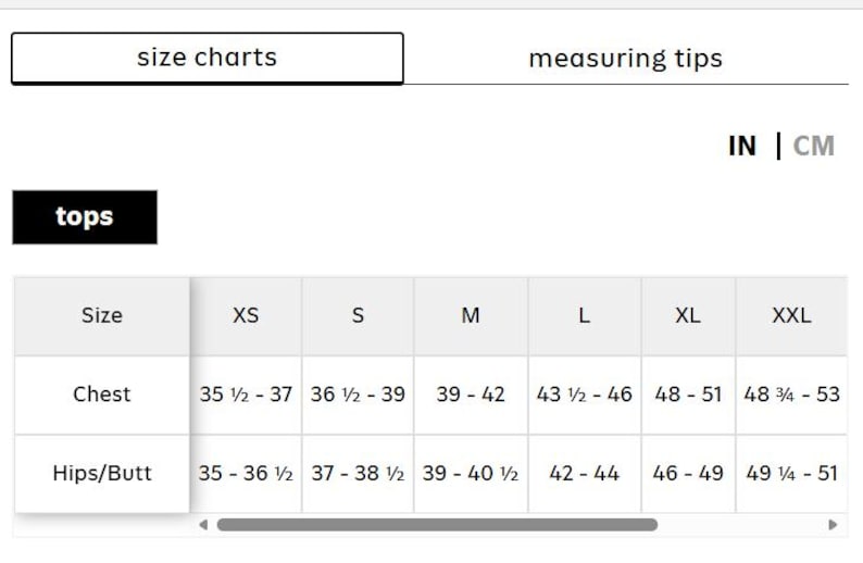 May include: A black and white size chart for tops featuring columns for sizes XS, S, M, L, XL, and XXL. The table displays chest and hips/butt measurements in inches, ranging from 35.5 to 53 inches for the chest and 35 to 51 inches for the hips/butt.