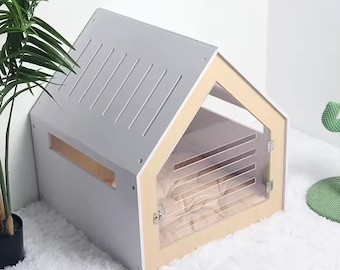 Modern designer dog or cat crate with floor cushion and acrylic door. Dog bed, dog furniture, indoor dog house, dog crate, dog house.