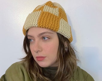 Hand Knitted Checkered Hat