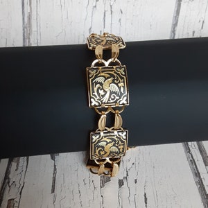 Vintage Jewelry Damascene Bird Bracelet, square link, 24K Gold inlay,  7.5"