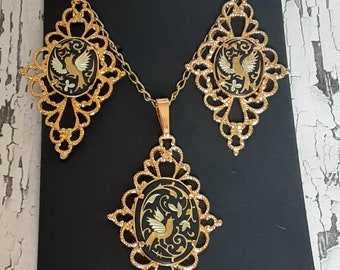 Vintage Jewelry Damascene Earring and Necklace Set, 20 inch, 24K gold inlay