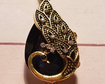 Vintage Gold Peacock Teardrop Shaped Pendant, Faux Sapphire