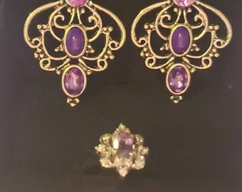 Vintage Silver Amethyst Dangle Earring and Ring set