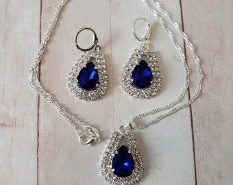 Vintage 925 Sterling Silver Faux Sapphire Pendant Necklace and Hoop Earring Set