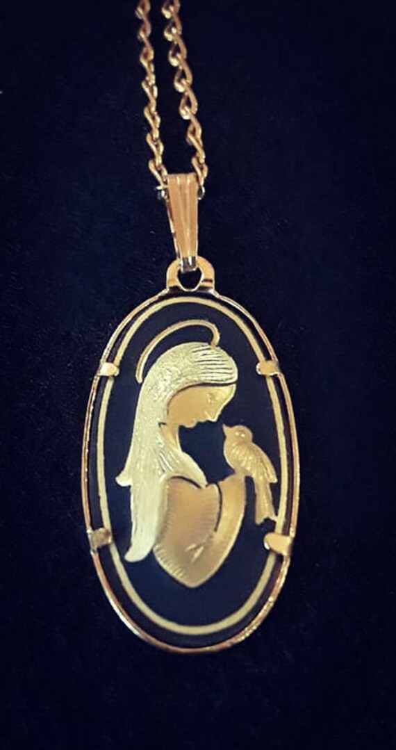 Vintage Jewelry  Damascene Madonna with bird came… - image 4
