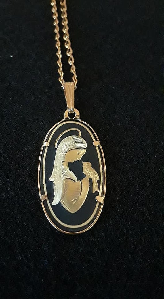 Vintage Jewelry  Damascene Madonna with bird came… - image 3