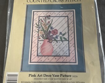 Vintage 1986 Candamar “Something Special” Pink Art Deco Vase Counted Cross Stitch Kit 11x14 – Sealed