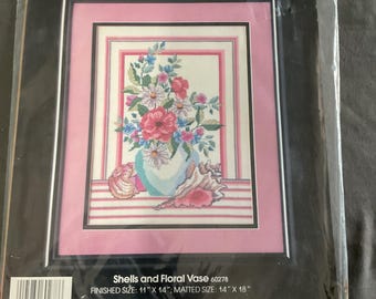 Vintage 1987 Golden Bee Shell & Floral Vase Counted Cross Stitch Kit 11x14 – Sealed