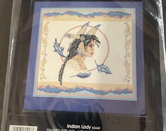 Vintage Golden Bee “Indian Lady” Counted Cross Stitch Kit 14x14 – Sealed