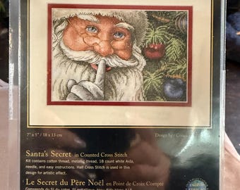 Kit de punto de cruz "El secreto de Santa Claus" de Gold Collection Petites n.° 8799 • 7 x 5 • Tela Aida blanca de 18 hilos • Algodón + hilos metálicos • Dimensiones de 2007