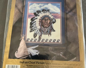 Vintage 1991 Candamar “Something Special” Indian Chief Picture Cross Stitch Kit 14x18 – Sealed