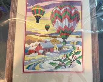 Lienzo para bordado Monarch Horizons – “Globos en invierno” – Algodón de 12 mallas – Vintage 1983 – Kit de bordado DIY