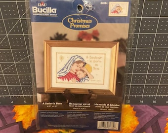 Kit de punto de cruz vintage Bucilla "Nace un Salvador" Promesas de Navidad n.° 84884 – Nuevo y sellado