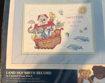Kit de punto de cruz vintage "Land Ho!" con registro de nacimiento - Nuevo y sellado, 1999