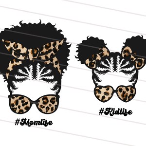 Mom and Daughter cornrows afro with glasses ,Afro Leopard Mom Life PNG, Afro MomLife KidLife png, afro Cheetah Messy bun png