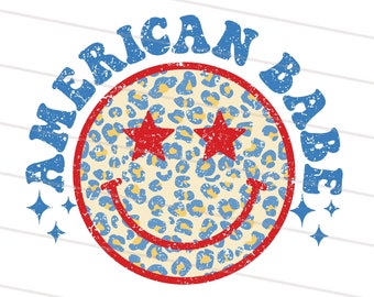 2X American Babe Png, Retro Png, 4th of July Png, Happy Face Png, Leopard Print Png, Vintage Groovy Smiley Face, Sublimate Design Download
