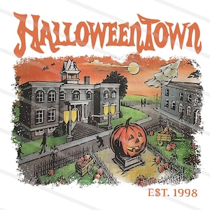 May include: Illustration of Halloweentown, featuring a spooky town scene with a large jack-o'-lantern, buildings, and the text "Halloweentown" in orange. The image includes the text "EST. 1998".