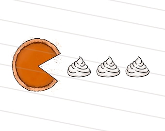 Peut inclure: Illustration de tarte à la citrouille avec une part manquante, comme Pac-Man, poursuivant trois bouffées de crème fouettée. La tarte a une croûte brun doré et une garniture orange vif, sur fond blanc.